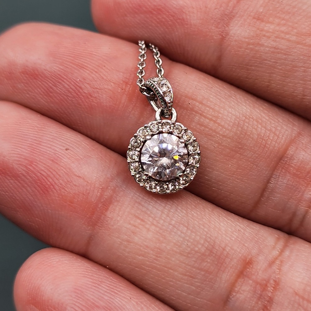 Silver Tone Clear Rhinestone Halo Pendant Necklace Round Stone Bridal Sparkle